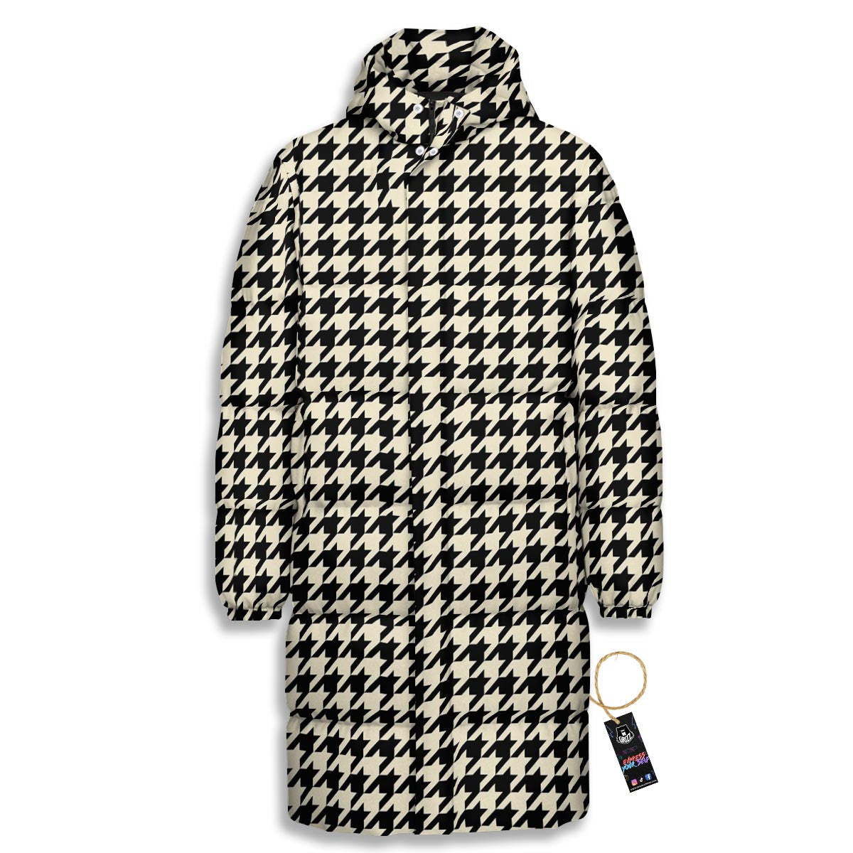 Houndstooth Black And Tan Print Pattern Long Down Jacket-grizzshop