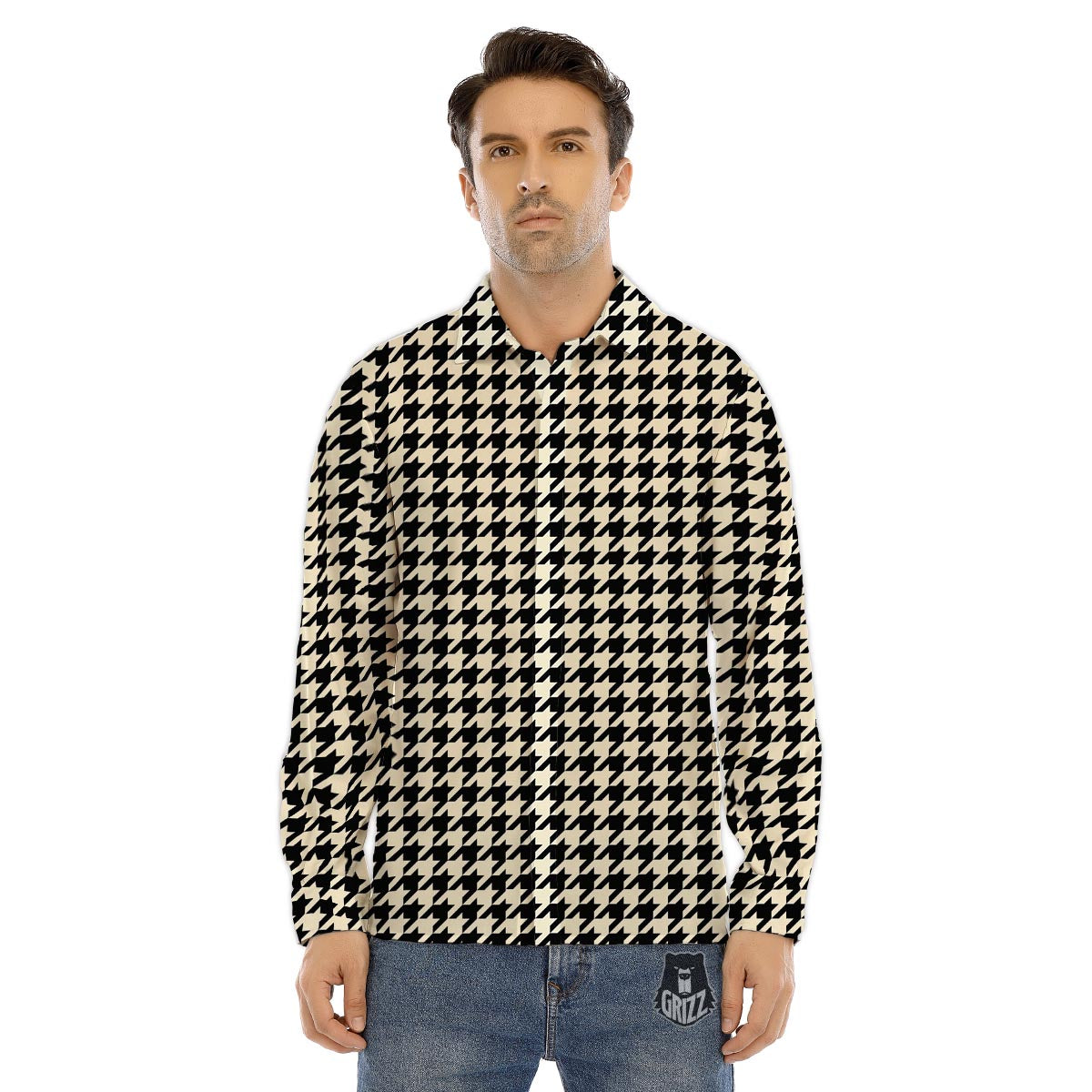 Houndstooth Black And Tan Print Pattern Men's Dress Shirts-grizzshop