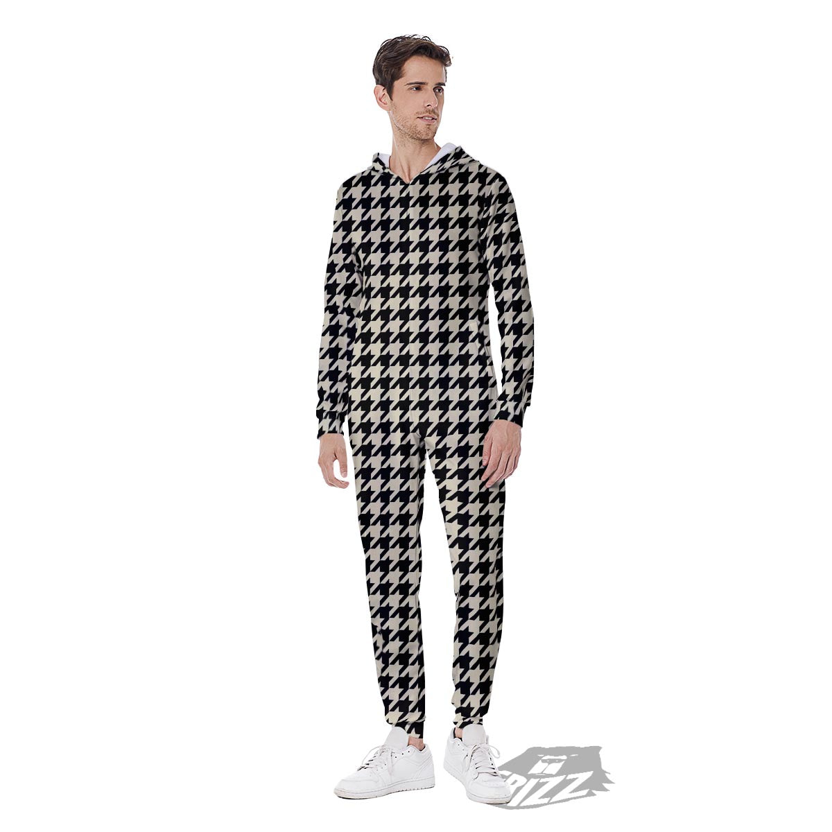 Houndstooth Black And Tan Print Pattern Men's Jumpsuit-grizzshop