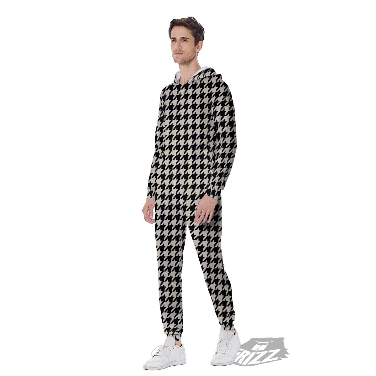 Houndstooth Black And Tan Print Pattern Men's Jumpsuit-grizzshop