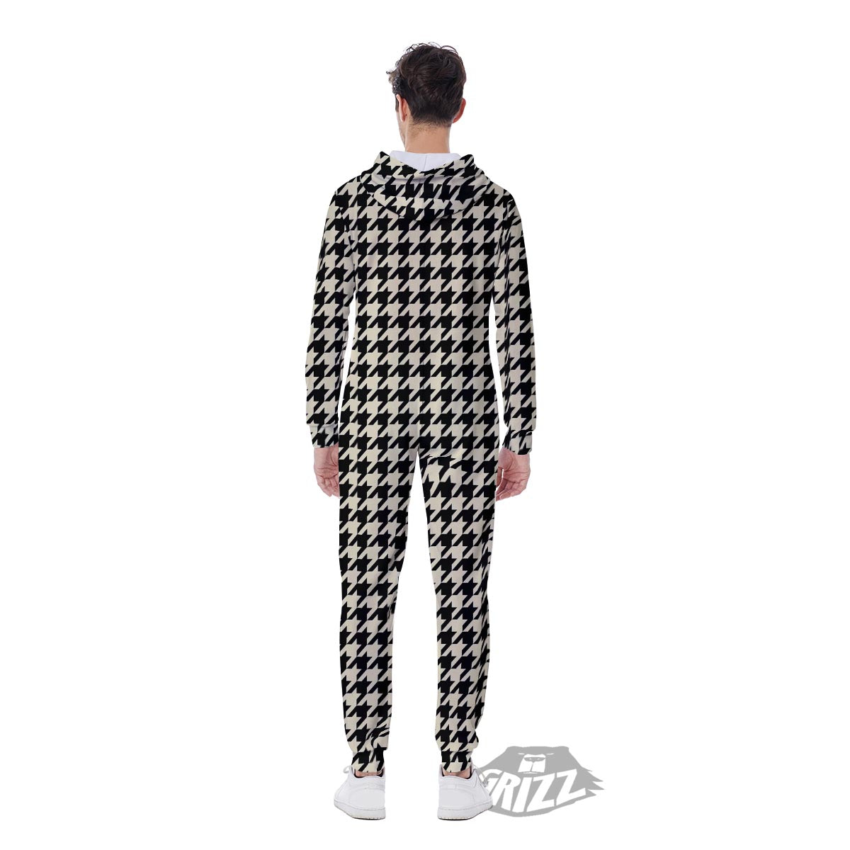 Houndstooth Black And Tan Print Pattern Men's Jumpsuit-grizzshop