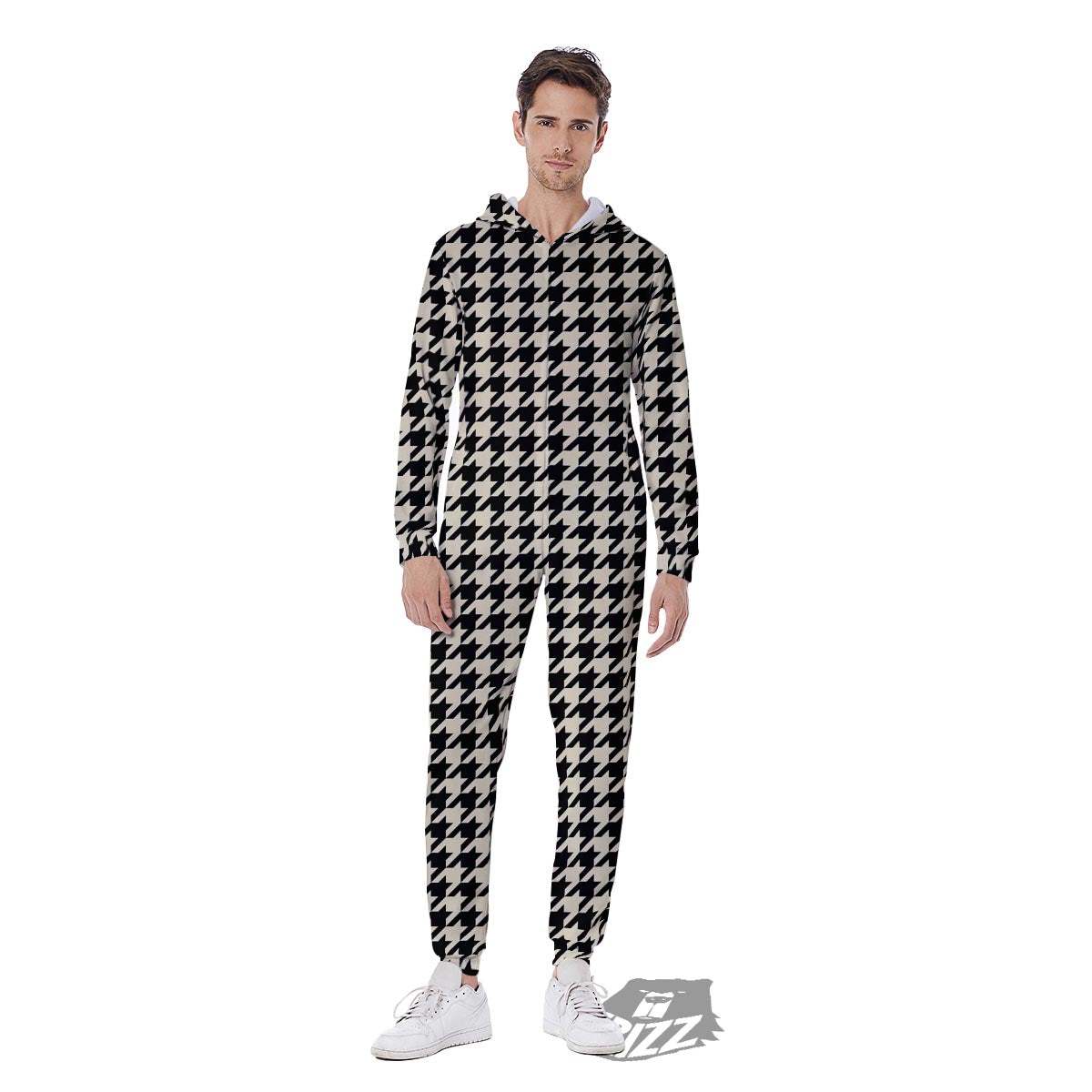 Houndstooth Black And Tan Print Pattern Men's Jumpsuit-grizzshop