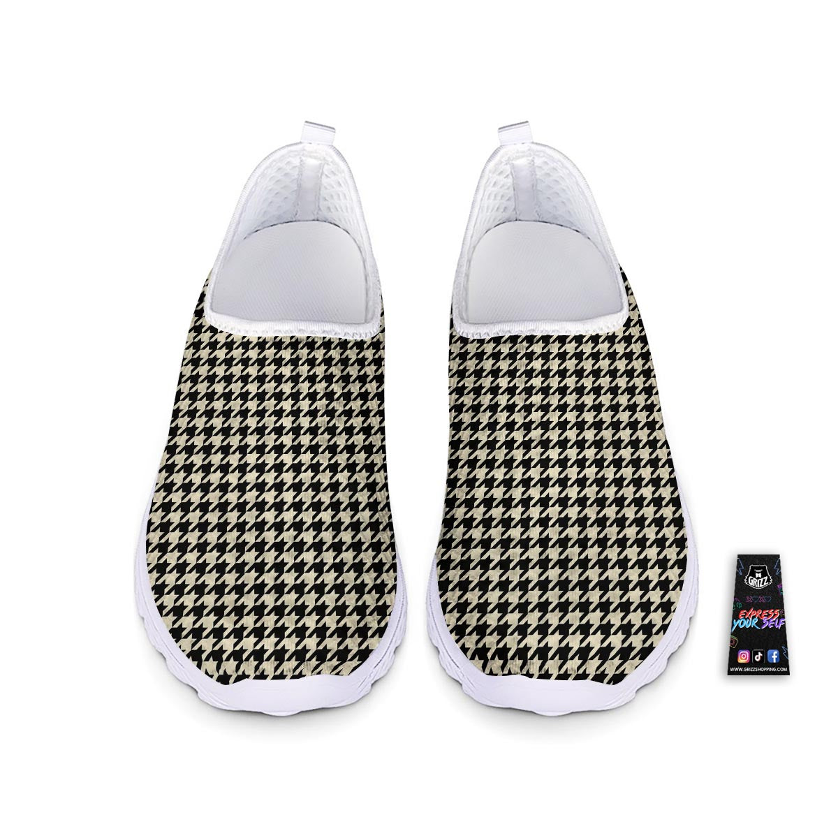 Houndstooth Black And Tan Print Pattern Nurse Shoes-grizzshop
