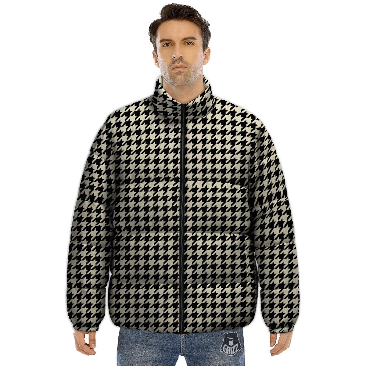 Houndstooth Black And Tan Print Pattern Puffer Jacket-grizzshop
