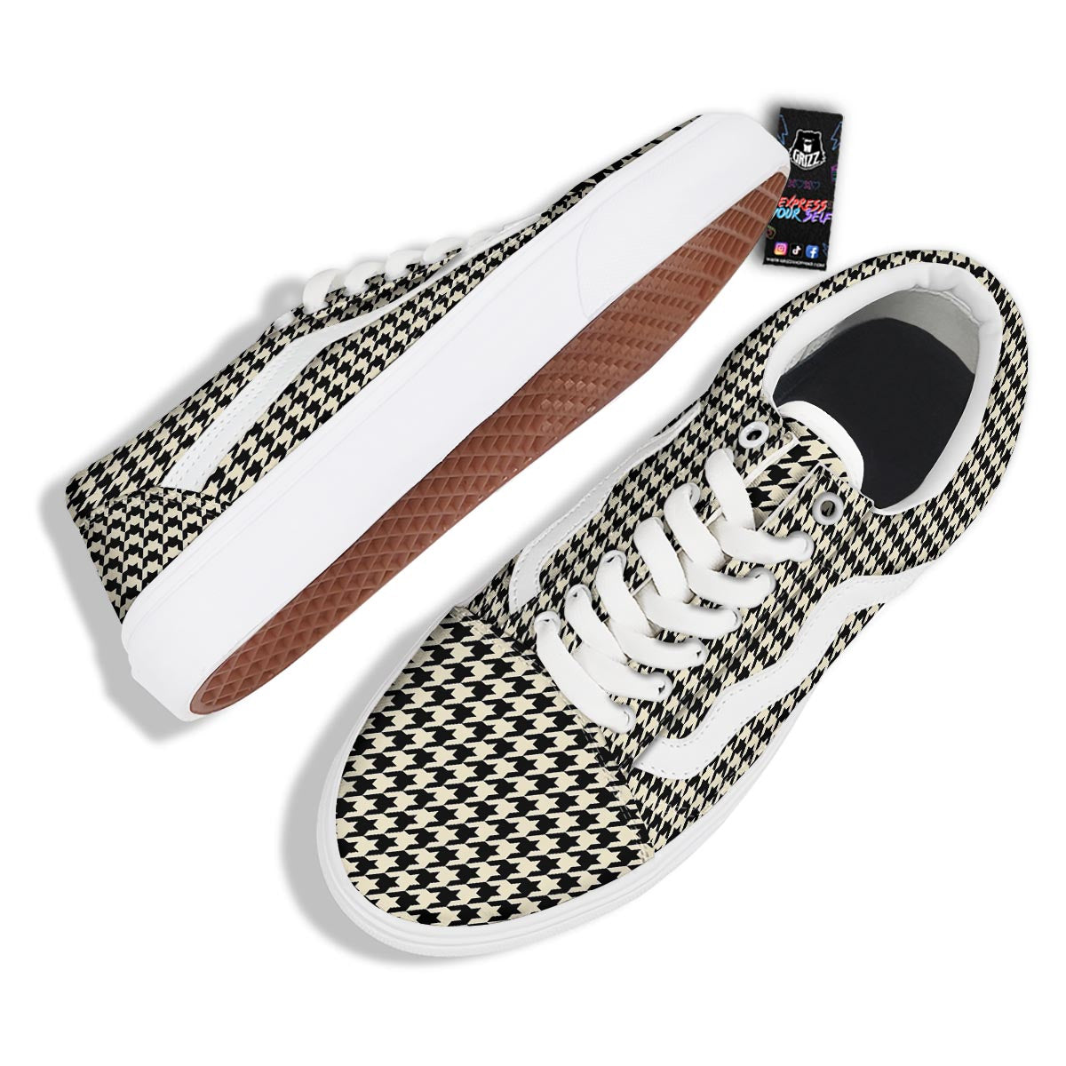 Houndstooth Black And Tan Print Pattern Skate Shoes-grizzshop