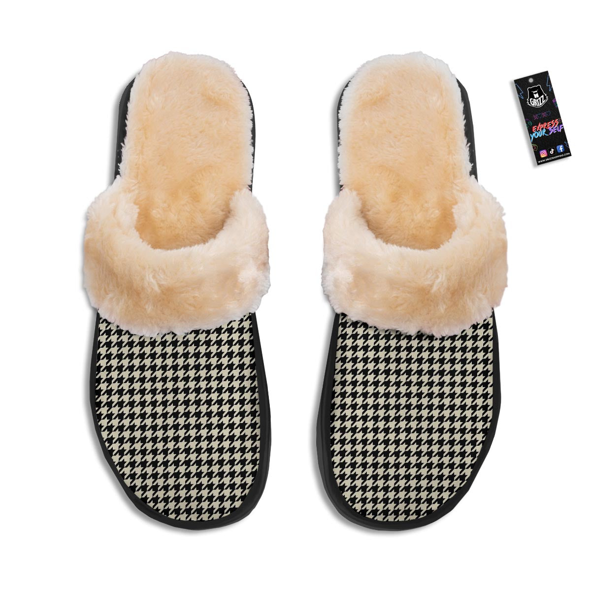 Houndstooth Black And Tan Print Pattern Slippers-grizzshop