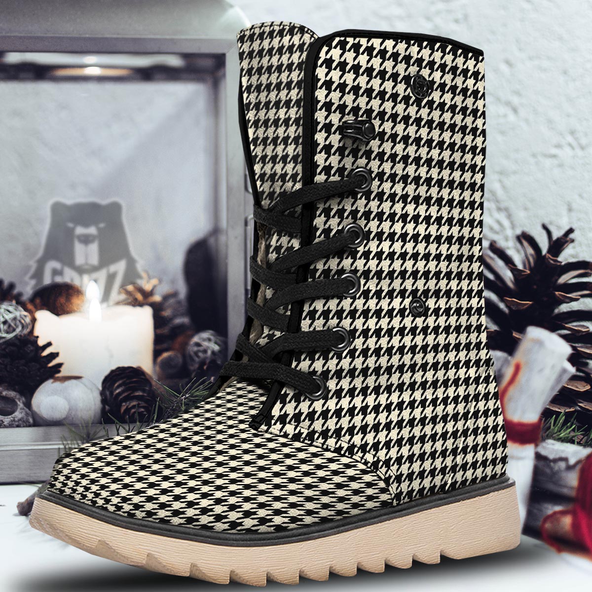 Houndstooth Black And Tan Print Pattern Snow Boots-grizzshop