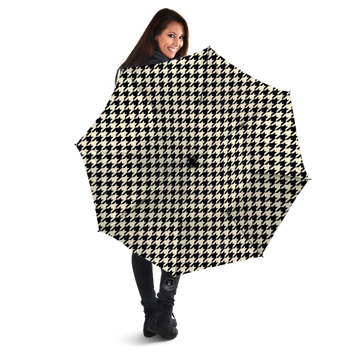 Houndstooth Black And Tan Print Pattern Umbrella-grizzshop