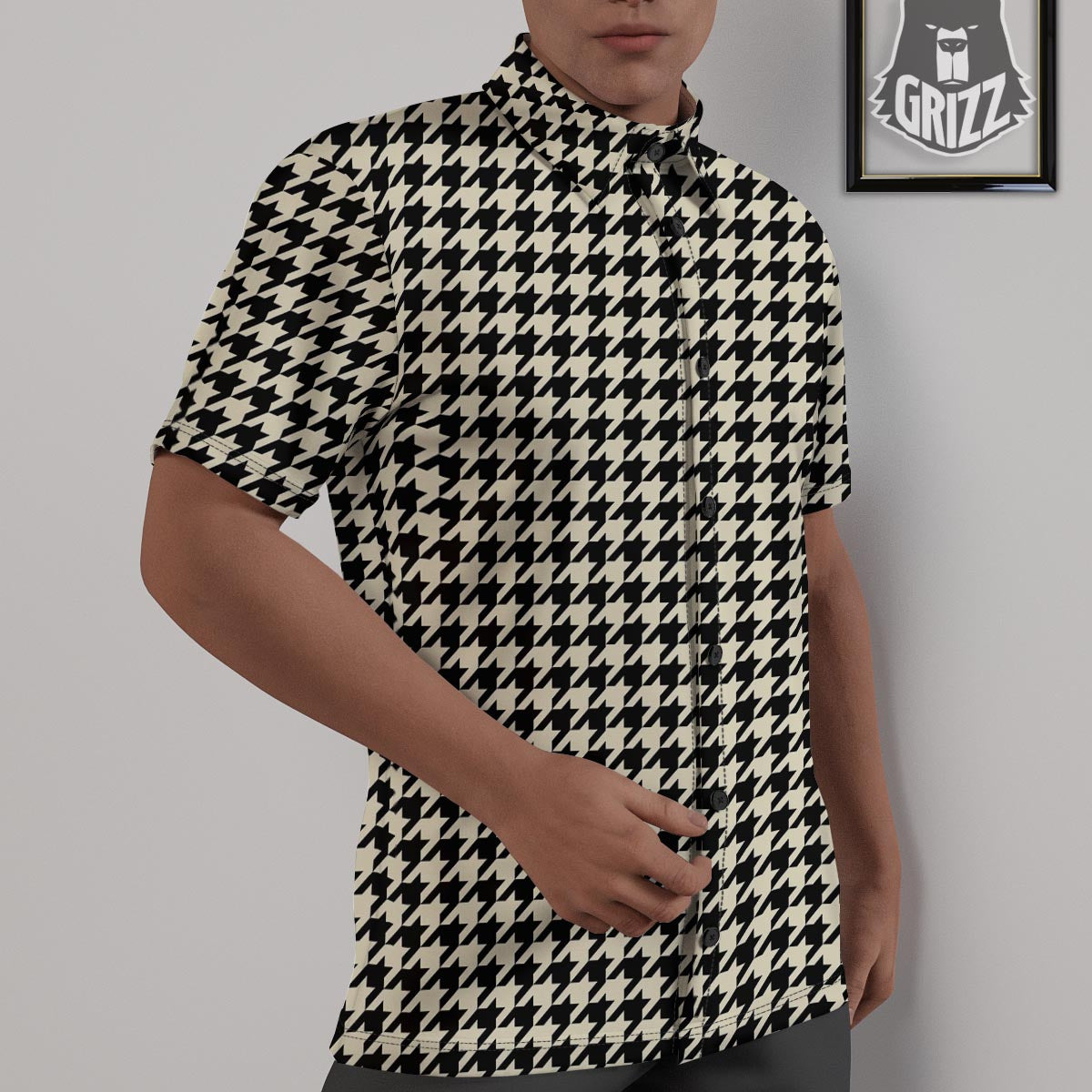 Houndstooth Black And Tan Print Pattern Untucked Shirts-grizzshop