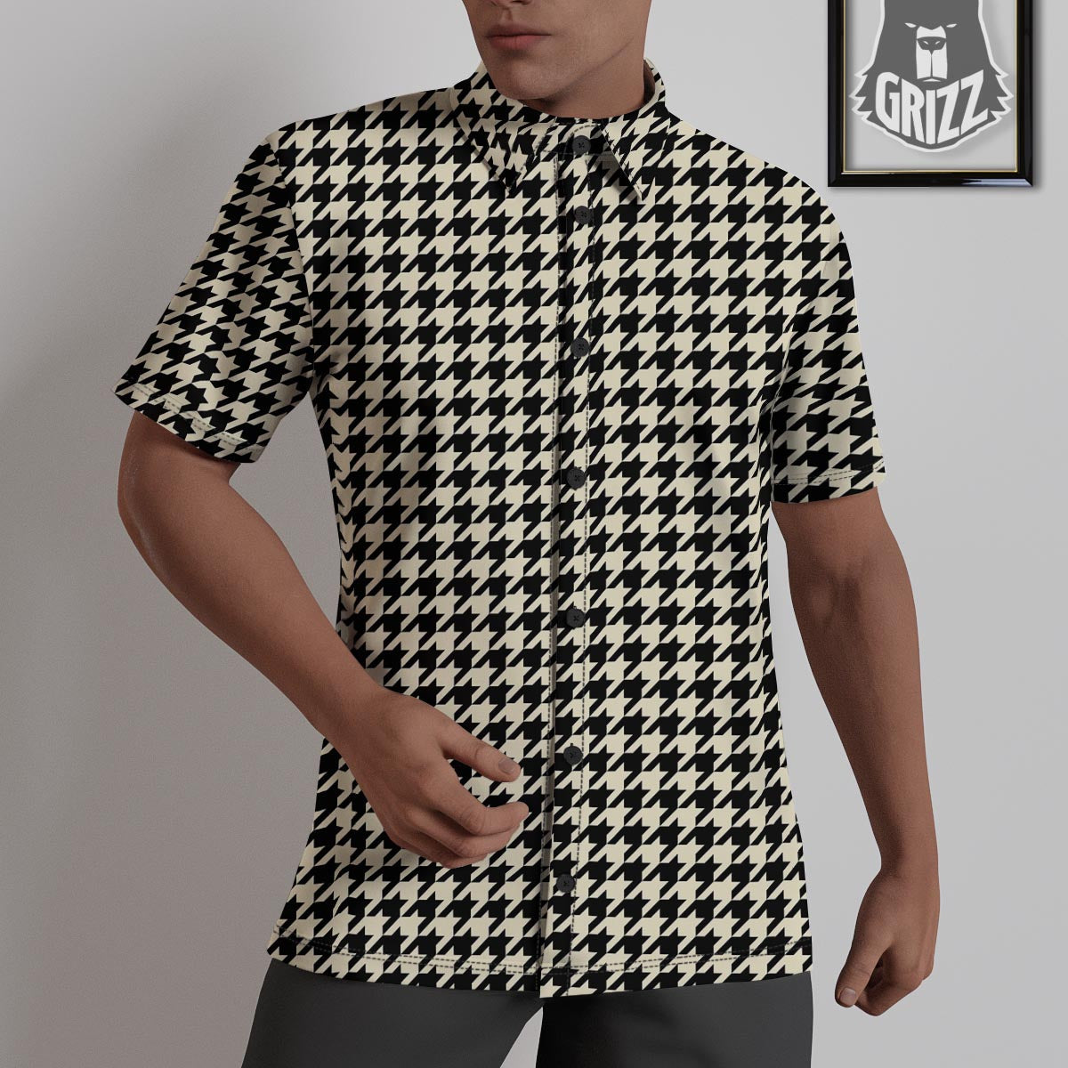 Houndstooth Black And Tan Print Pattern Untucked Shirts-grizzshop