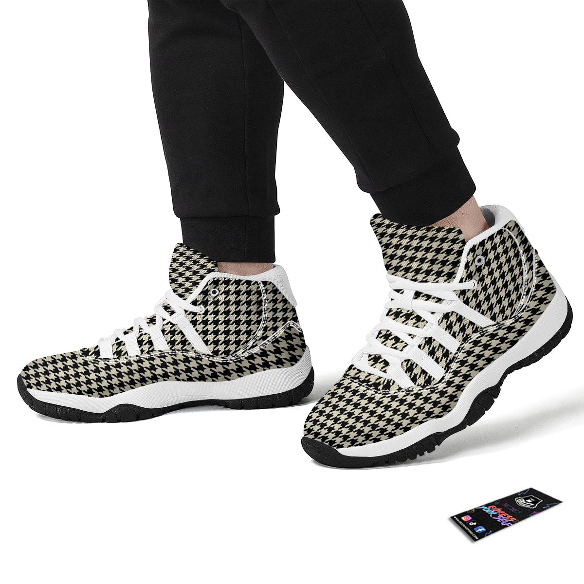 Houndstooth Black And Tan Print Pattern White Bball Shoes-grizzshop