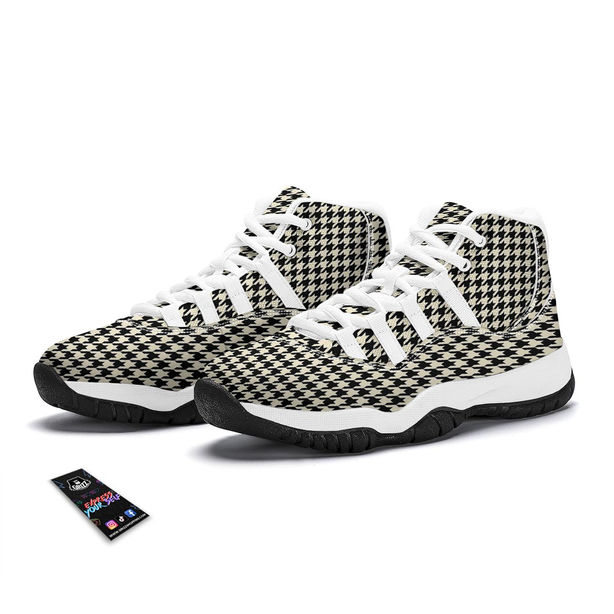 Houndstooth Black And Tan Print Pattern White Bball Shoes-grizzshop