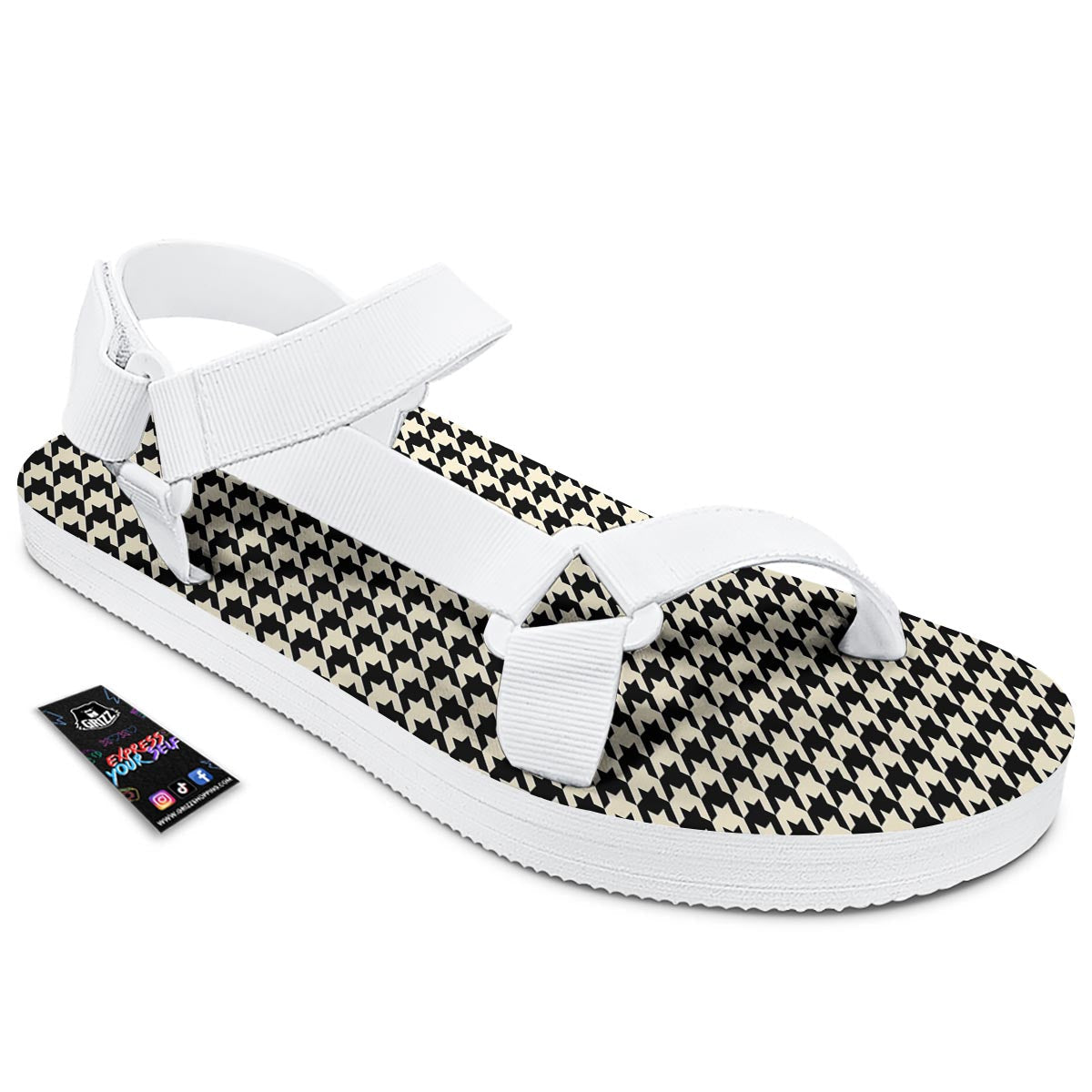 Houndstooth Black And Tan Print Pattern White Open Toe Sandals-grizzshop