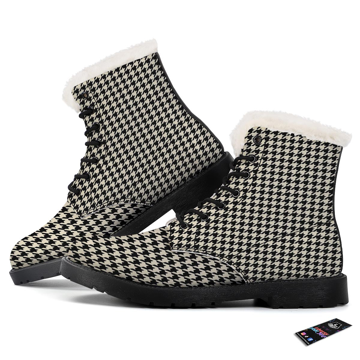 Houndstooth Black And Tan Print Pattern Winter Boots-grizzshop