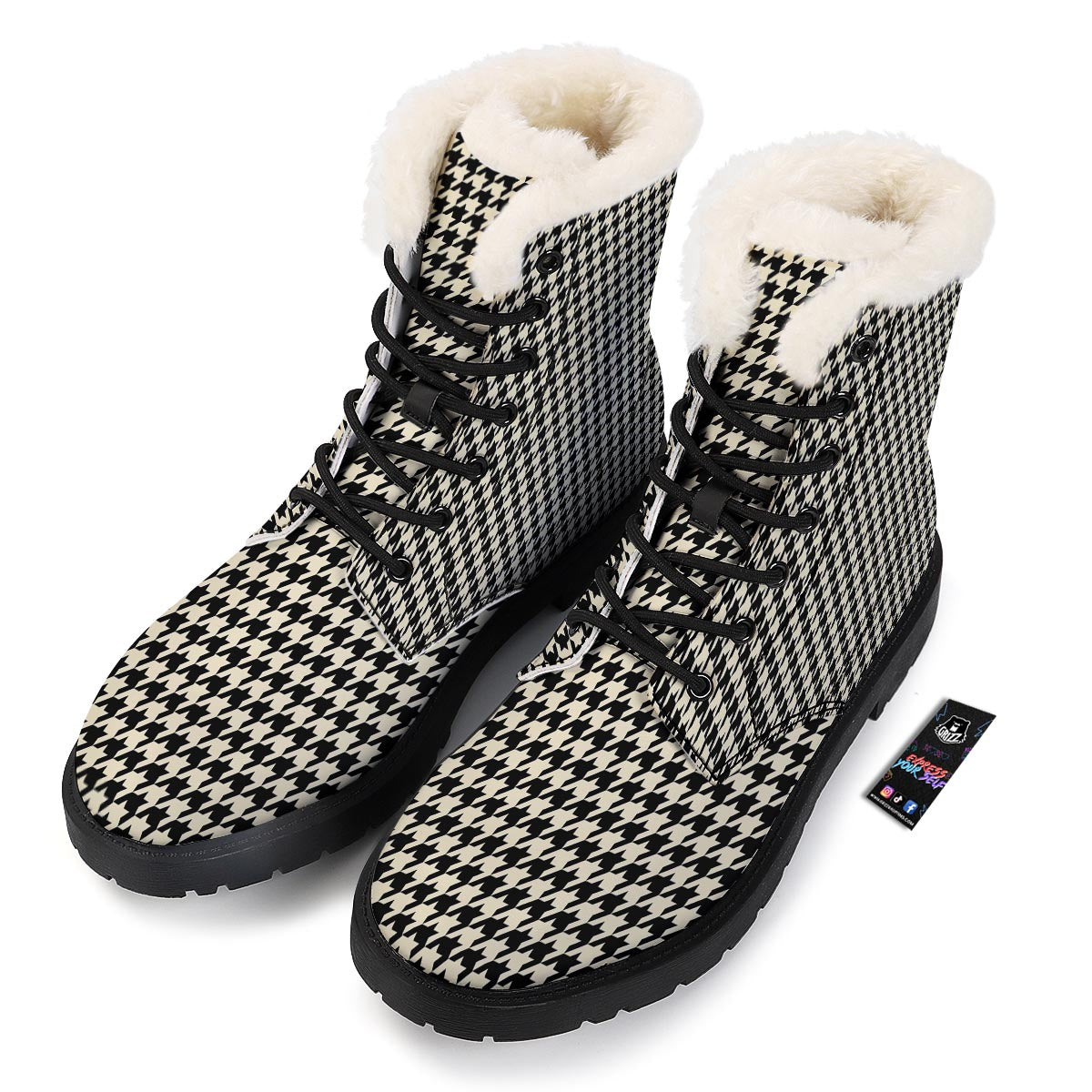 Houndstooth Black And Tan Print Pattern Winter Boots-grizzshop