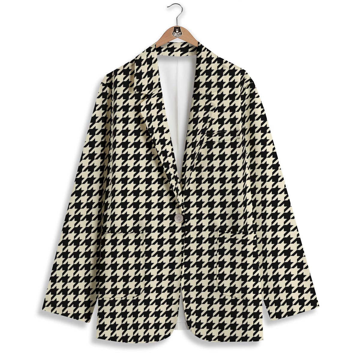 Houndstooth Black And Tan Print Pattern Women's Blazer-grizzshop