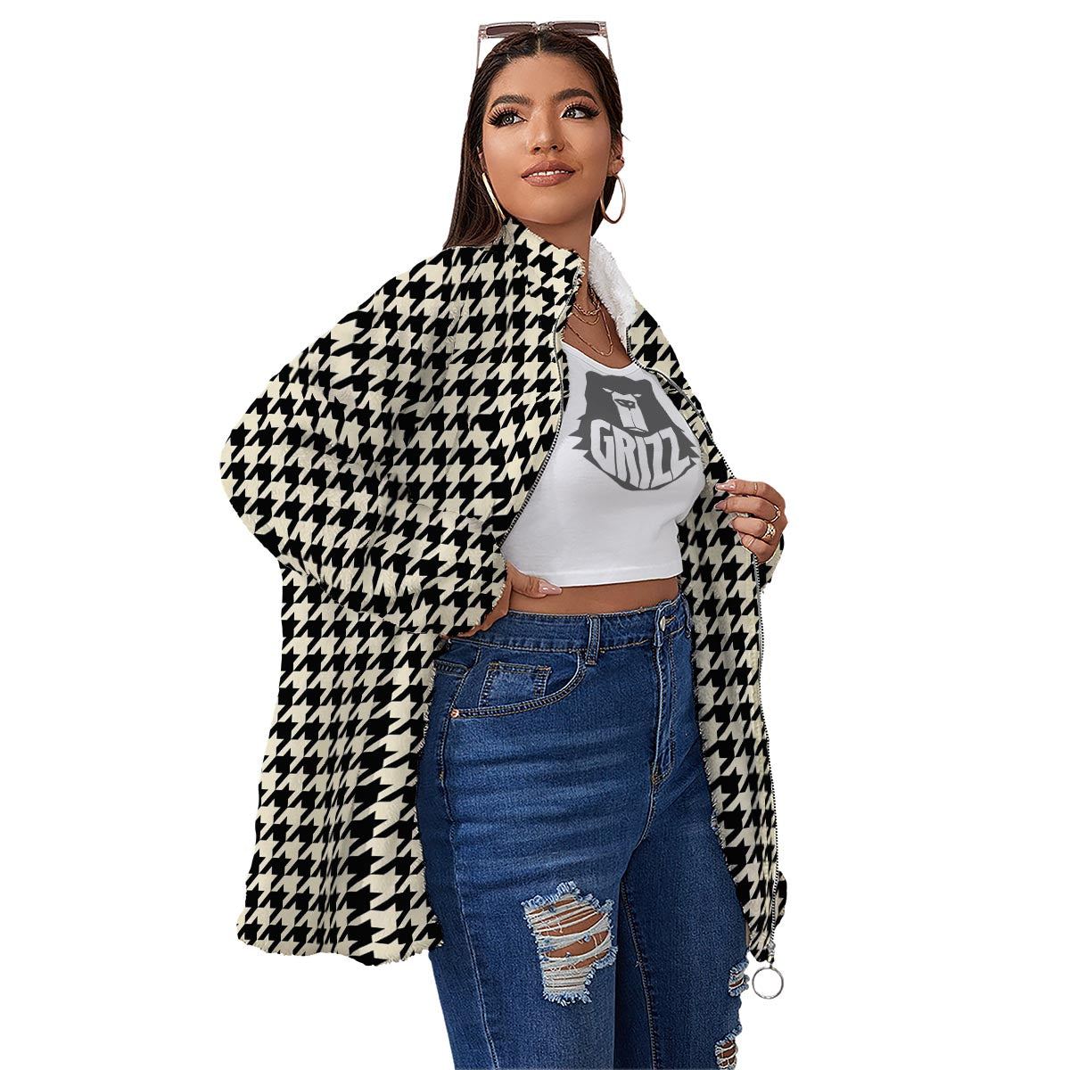 Houndstooth Black And Tan Print Pattern Women's Sherpa Jacket-grizzshop