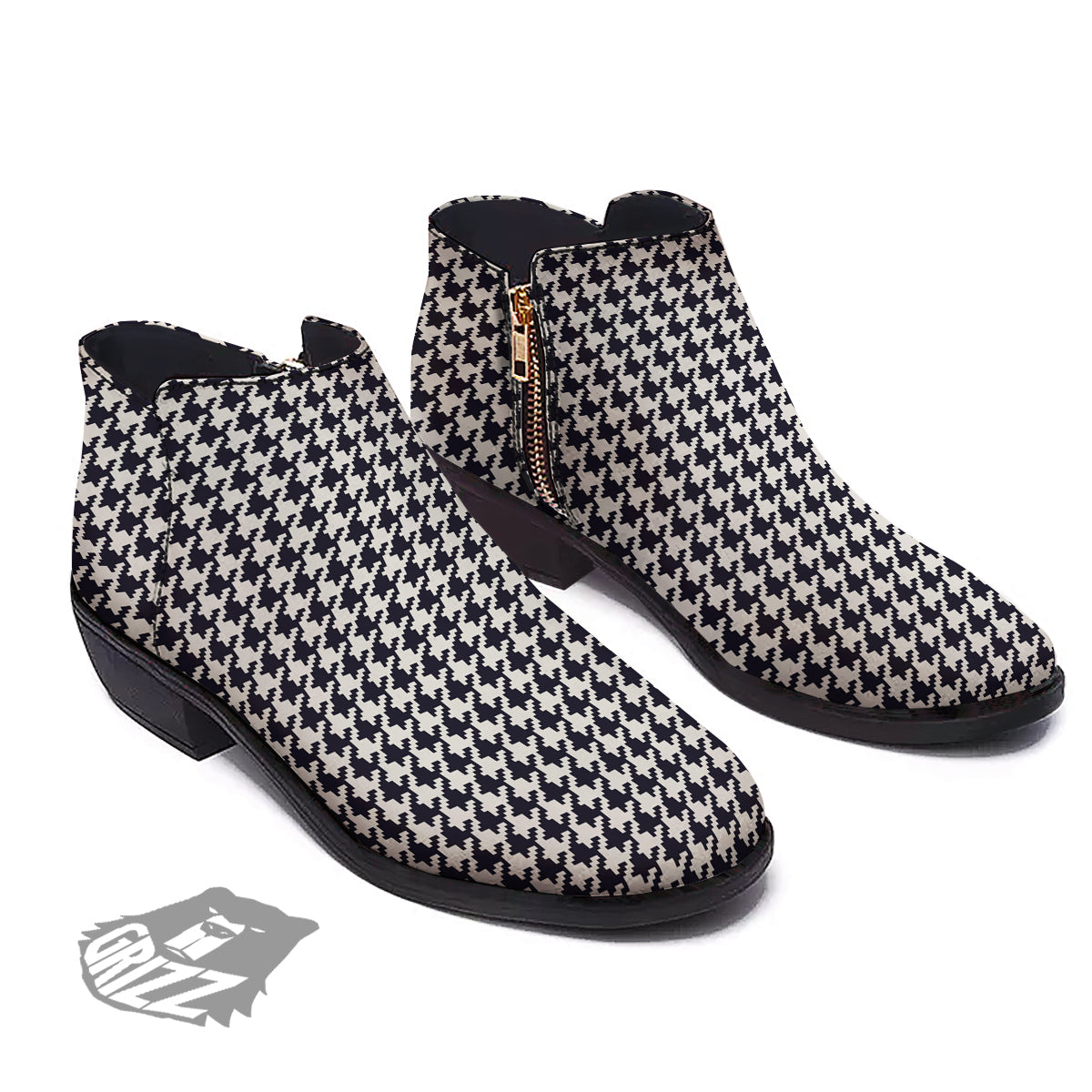 Houndstooth Black Pixel Print Pattern Ankle Boots-grizzshop