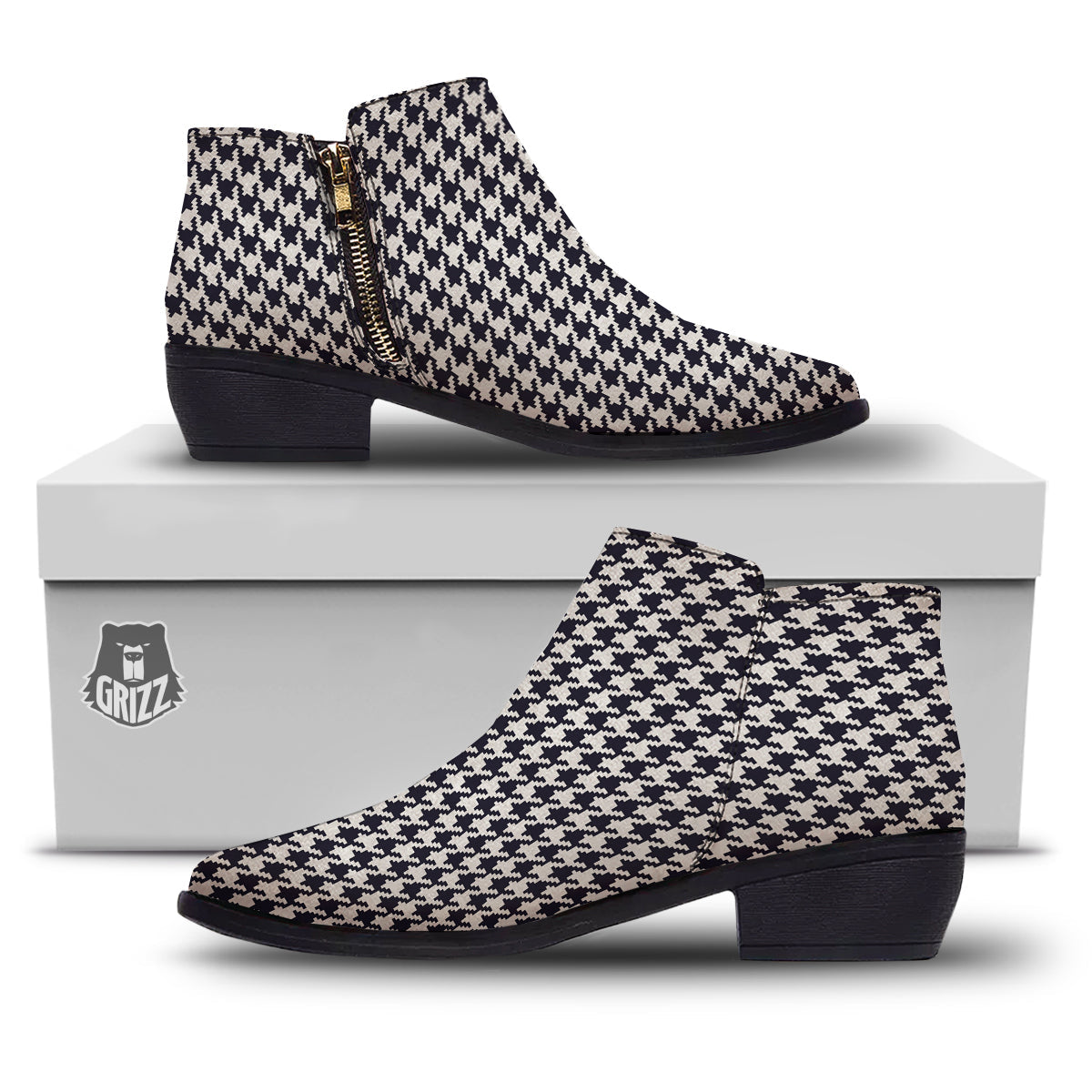 Houndstooth Black Pixel Print Pattern Ankle Boots-grizzshop