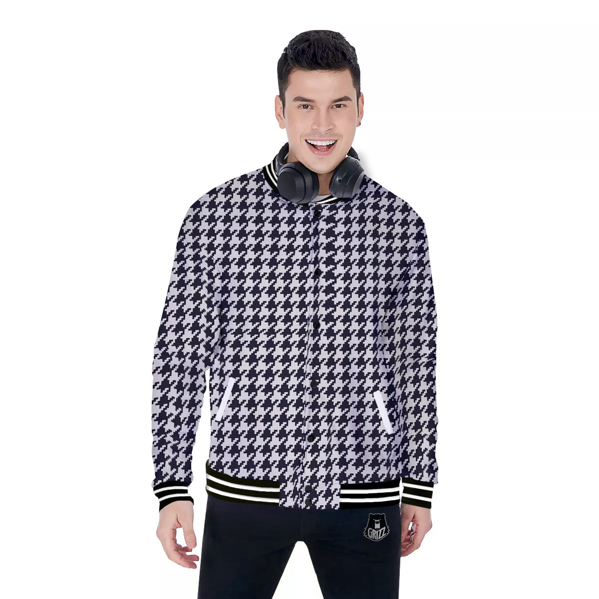 Houndstooth Black Pixel Print Pattern Baseball Jacket-grizzshop