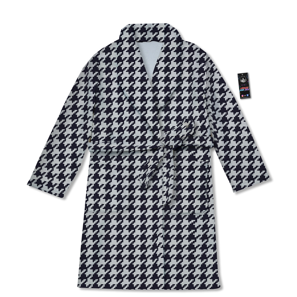 Houndstooth Black Pixel Print Pattern Bathrobe-grizzshop