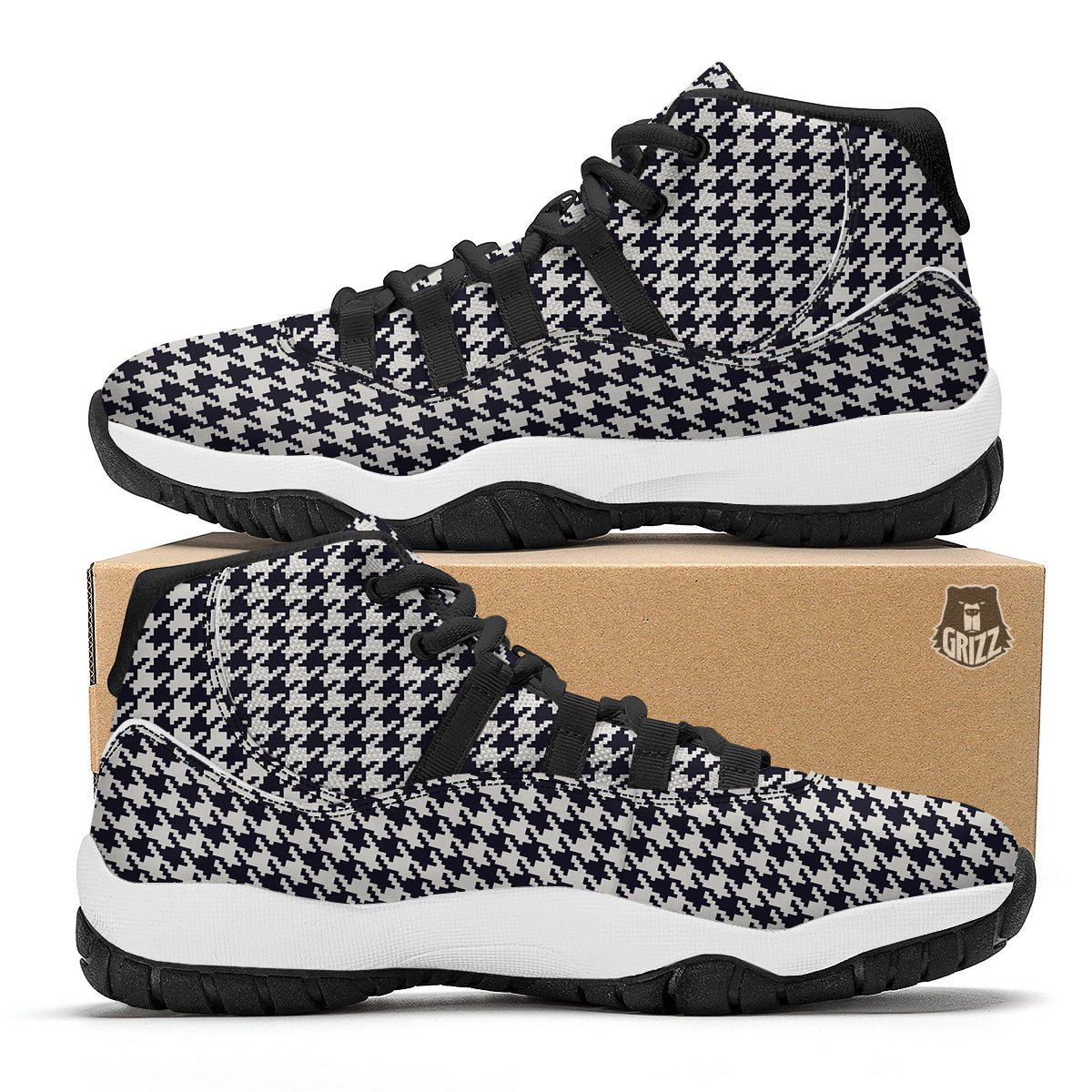 Houndstooth Black Pixel Print Pattern Black Bball Shoes-grizzshop