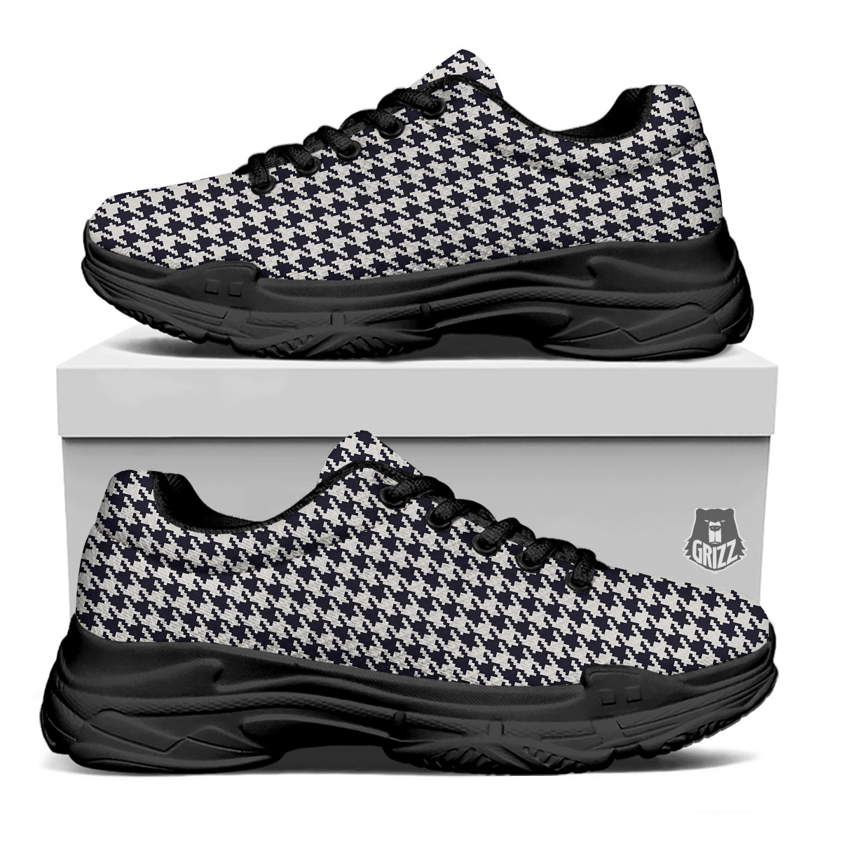 Houndstooth Black Pixel Print Pattern Black Chunky Shoes-grizzshop