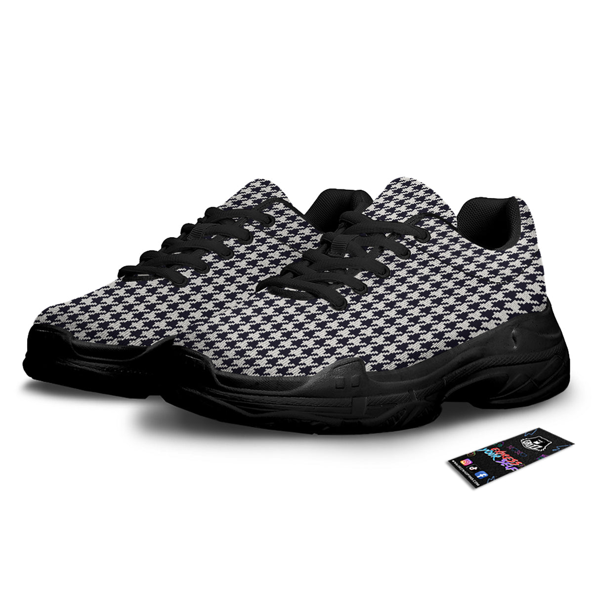 Houndstooth Black Pixel Print Pattern Black Chunky Shoes-grizzshop