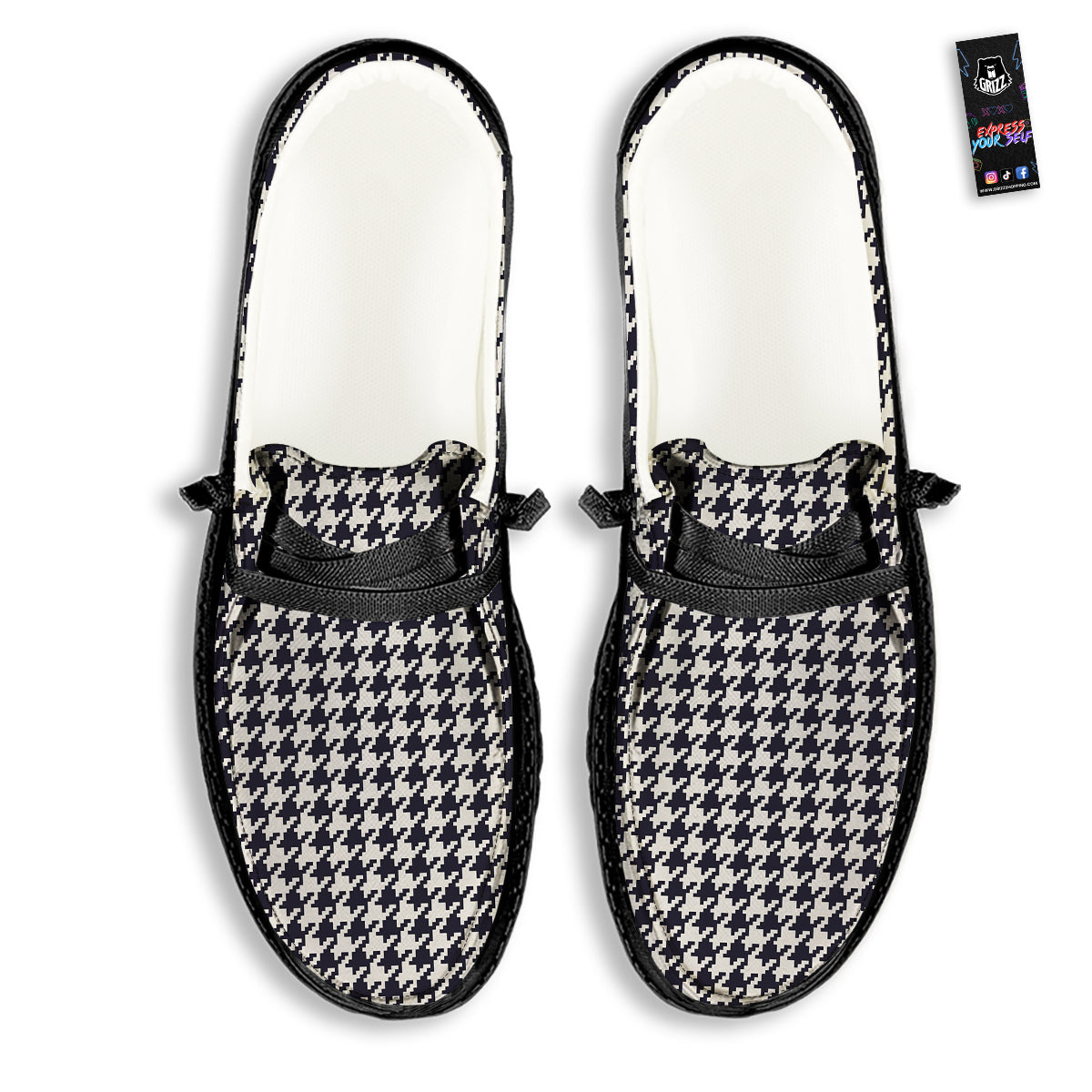 Houndstooth Black Pixel Print Pattern Black Loafers-grizzshop
