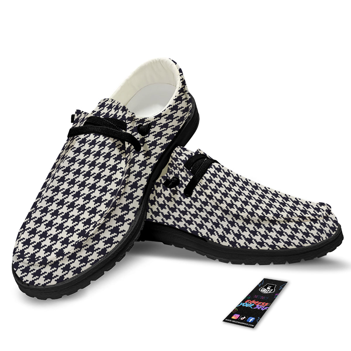 Houndstooth Black Pixel Print Pattern Black Loafers-grizzshop