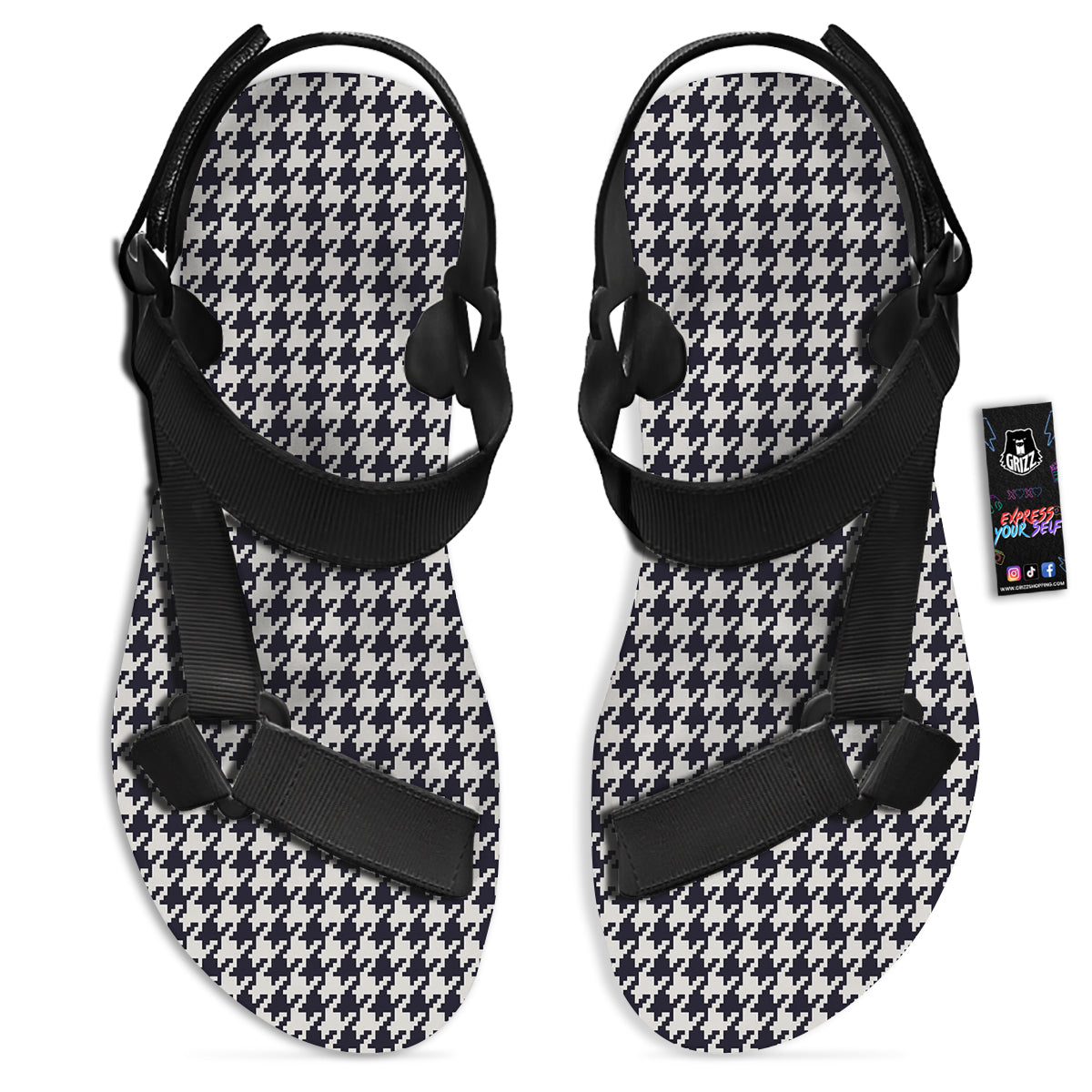 Houndstooth Black Pixel Print Pattern Black Open Toe Sandals-grizzshop