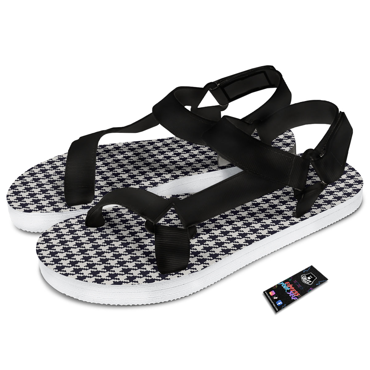 Houndstooth Black Pixel Print Pattern Black Open Toe Sandals-grizzshop