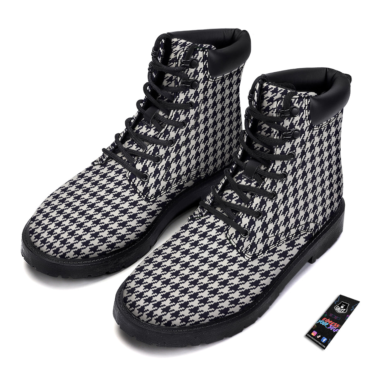 Houndstooth Black Pixel Print Pattern Boots-grizzshop