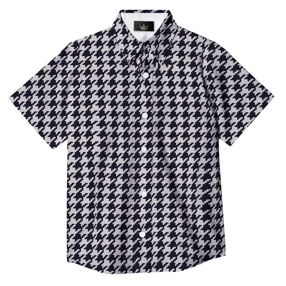 Houndstooth Black Pixel Print Pattern Button Up Shirt-grizzshop