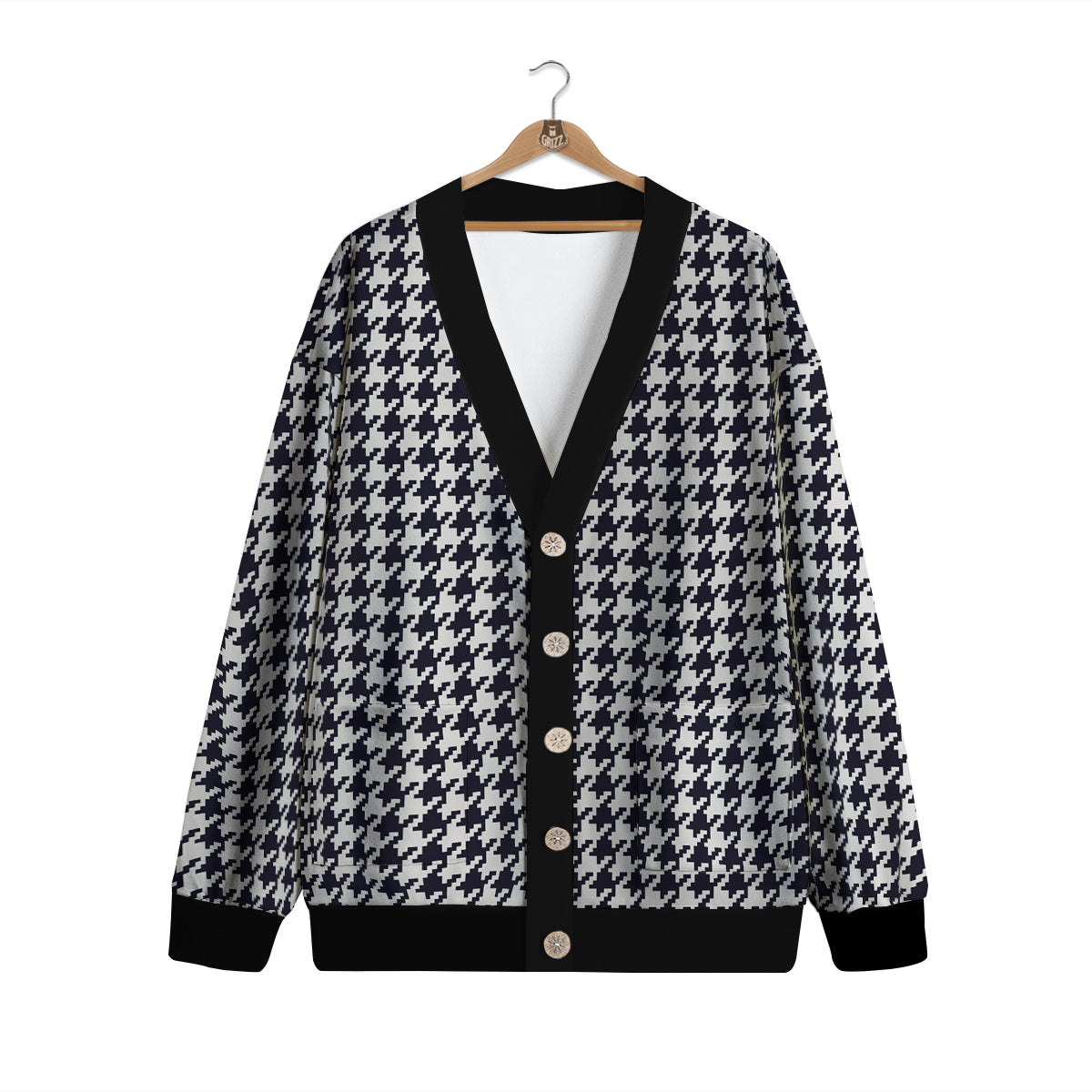 Houndstooth Black Pixel Print Pattern Cardigan-grizzshop