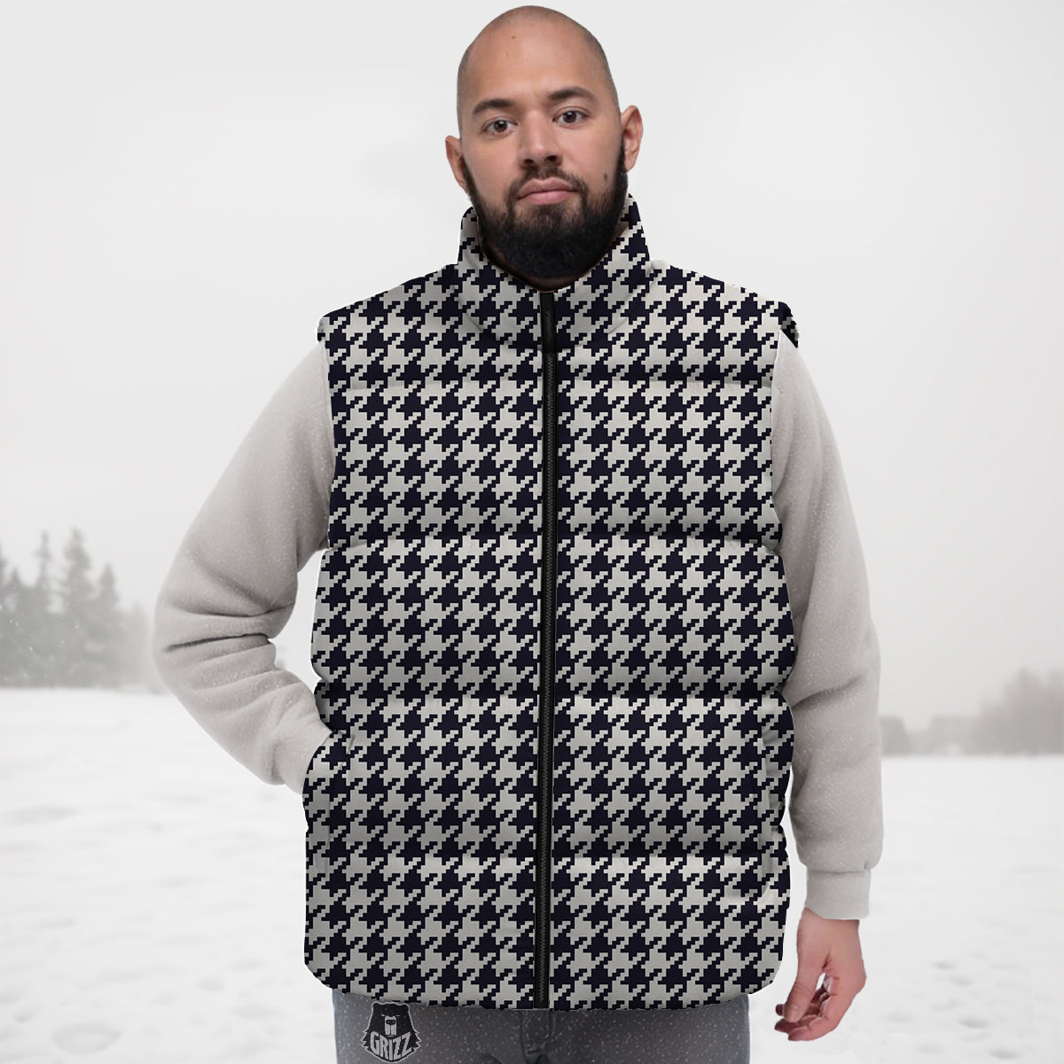 Houndstooth Black Pixel Print Pattern Down Vest