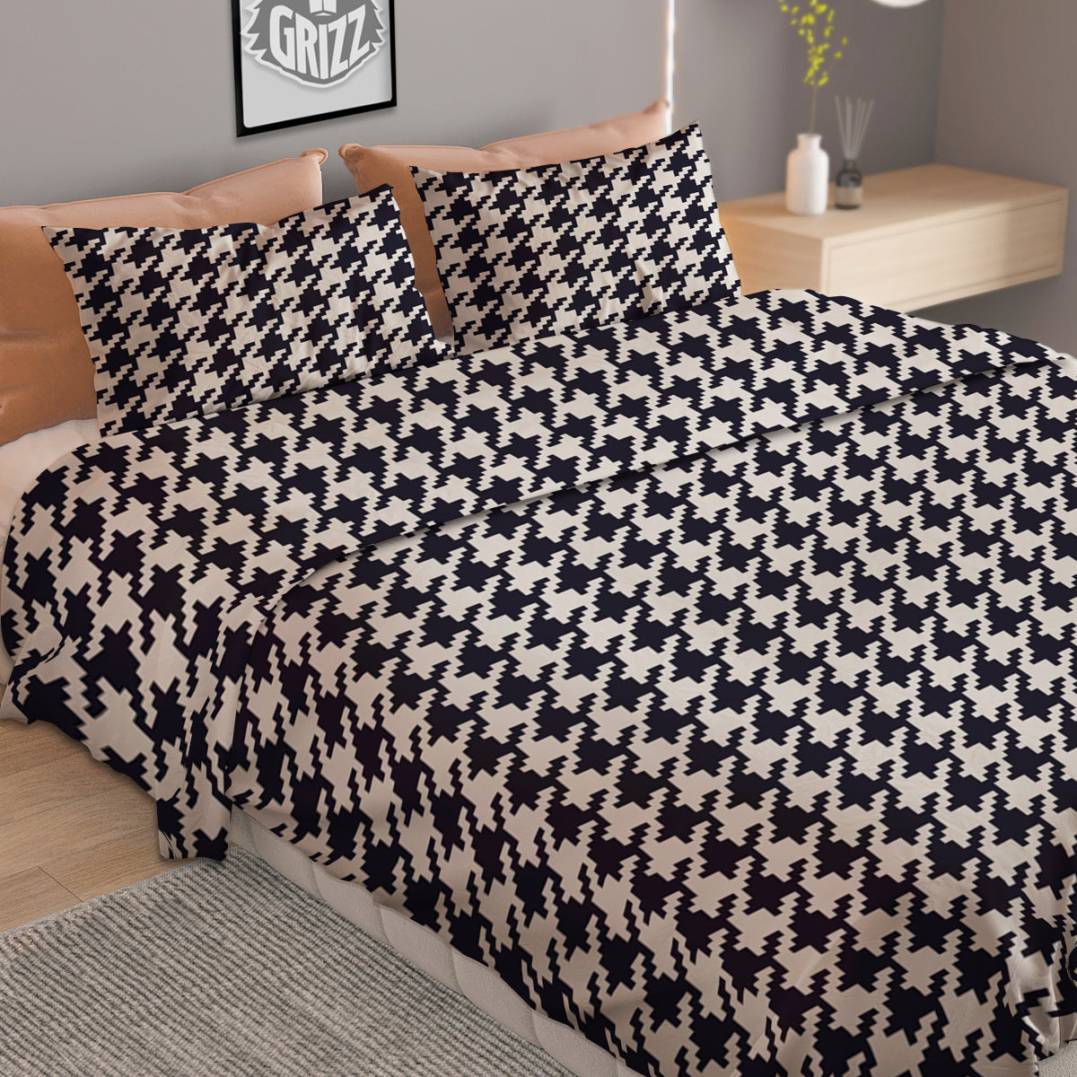 Houndstooth Black Pixel Print Pattern Duvet Cover Bedding Set