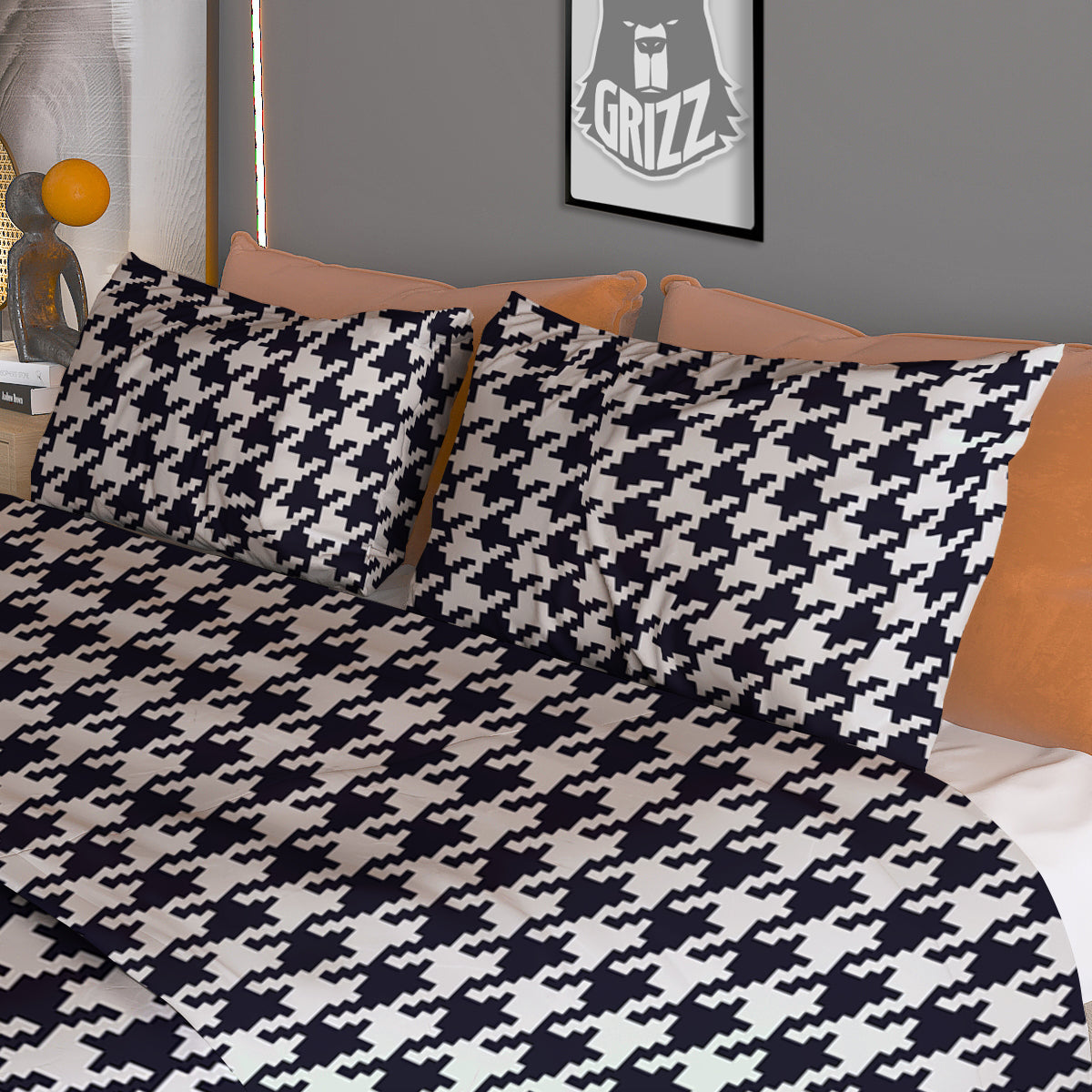 Houndstooth Black Pixel Print Pattern Duvet Cover Bedding Set