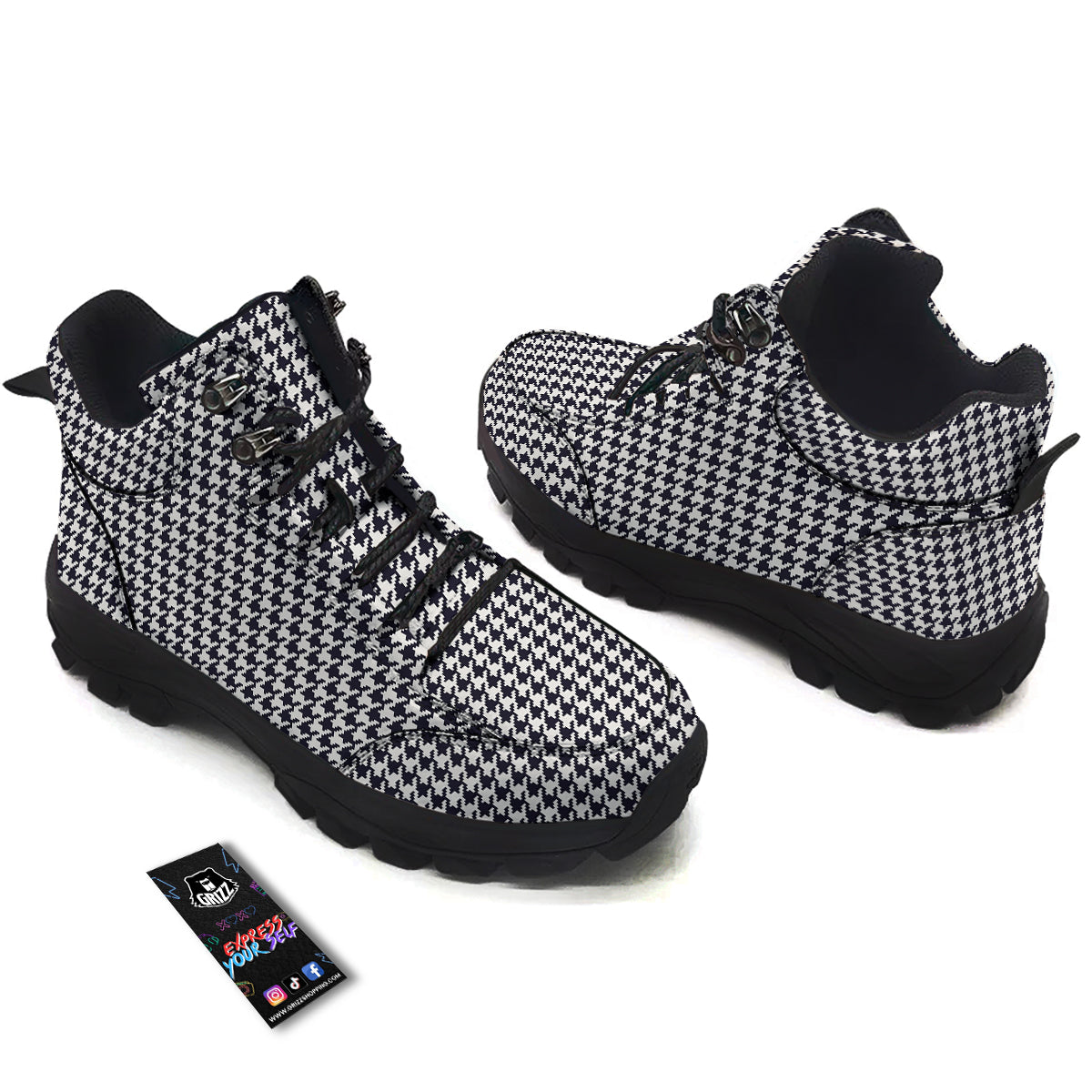 Houndstooth Black Pixel Print Pattern Hiking Shoes-grizzshop