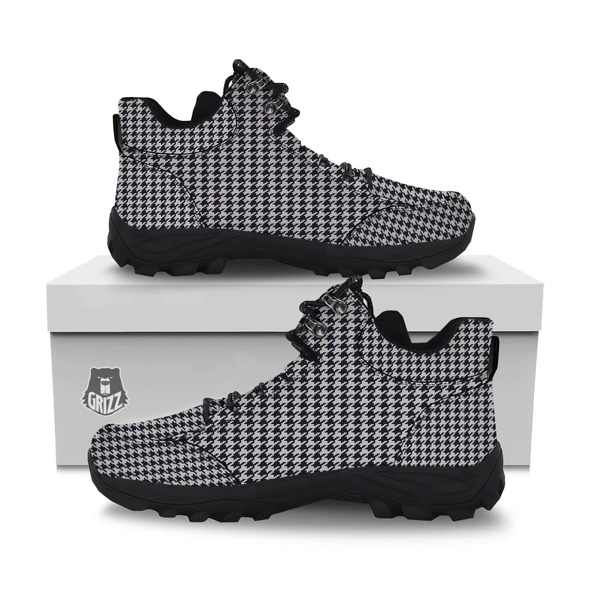 Houndstooth Black Pixel Print Pattern Hiking Shoes-grizzshop