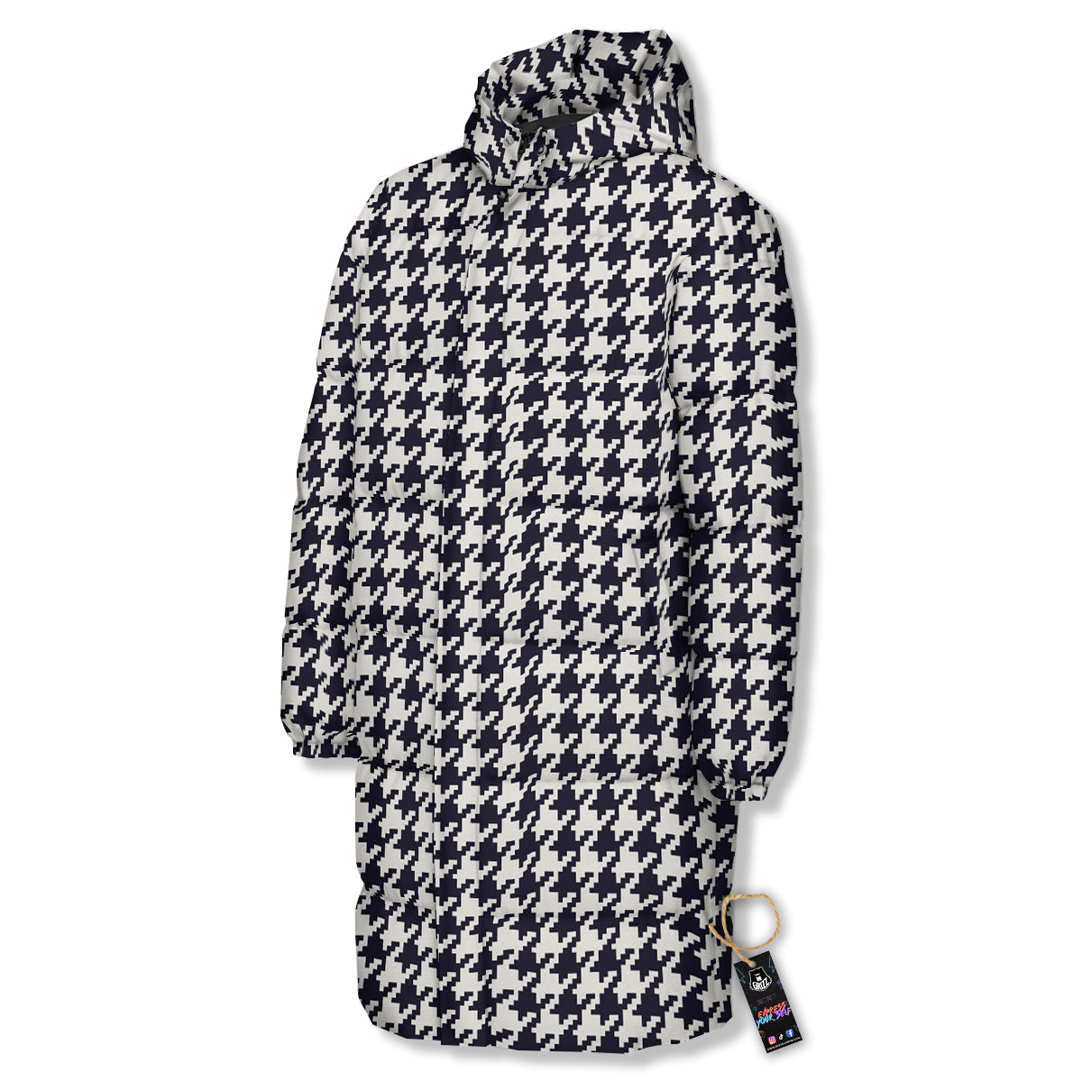 Houndstooth Black Pixel Print Pattern Long Down Jacket-grizzshop
