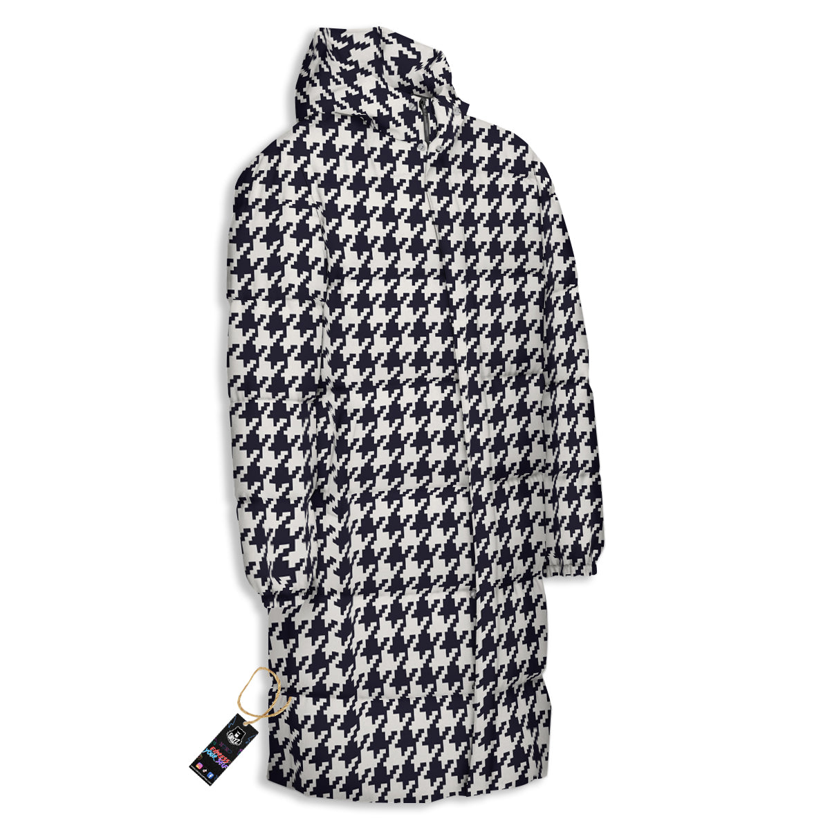 Houndstooth Black Pixel Print Pattern Long Down Jacket-grizzshop