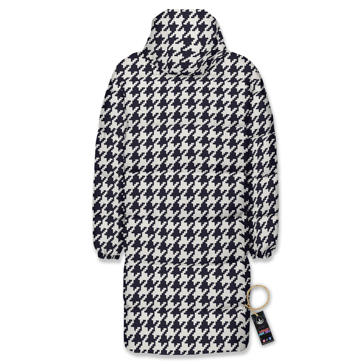 Houndstooth Black Pixel Print Pattern Long Down Jacket-grizzshop