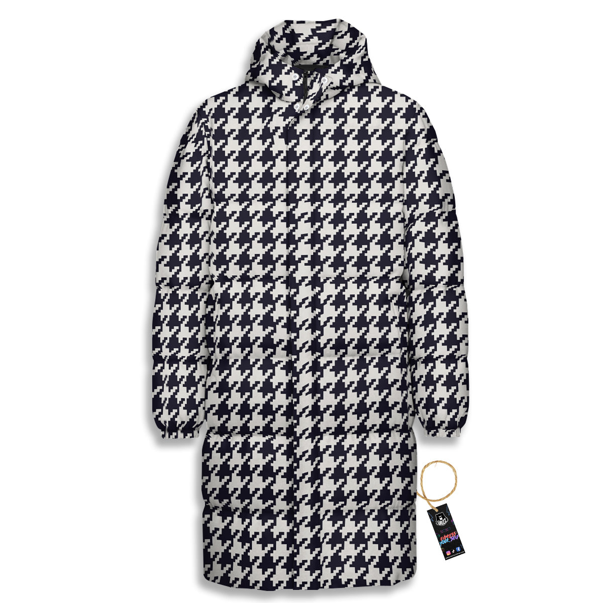 Houndstooth Black Pixel Print Pattern Long Down Jacket-grizzshop