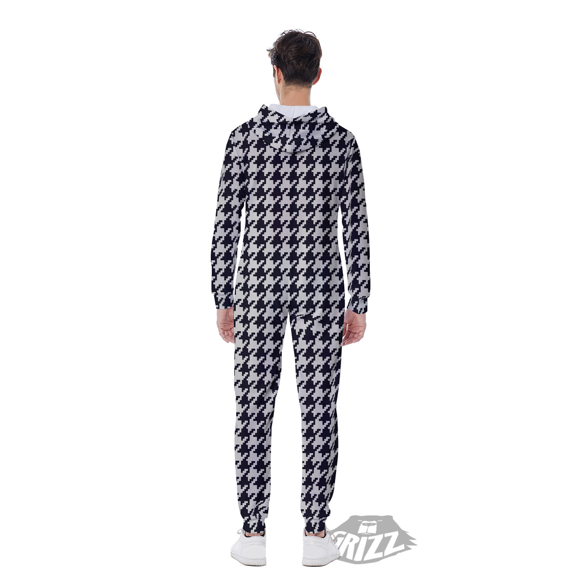 Houndstooth Black Pixel Print Pattern Men's Jumpsuit-grizzshop