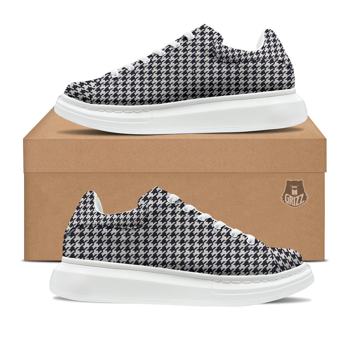 Houndstooth Black Pixel Print Pattern Platform Shoes-grizzshop