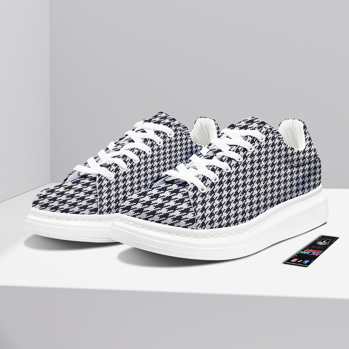 Houndstooth Black Pixel Print Pattern Platform Shoes-grizzshop