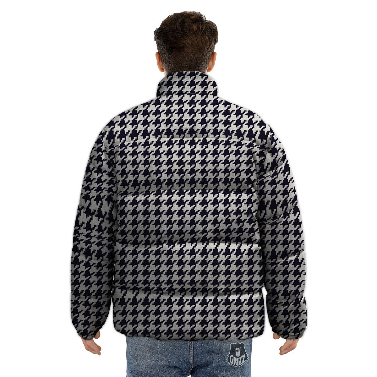 Houndstooth Black Pixel Print Pattern Puffer Jacket-grizzshop