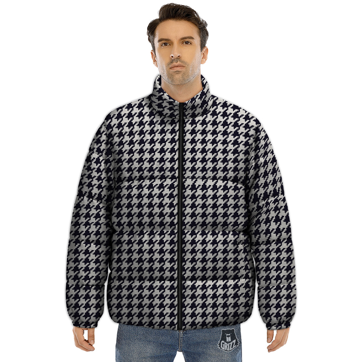 Houndstooth Black Pixel Print Pattern Puffer Jacket-grizzshop