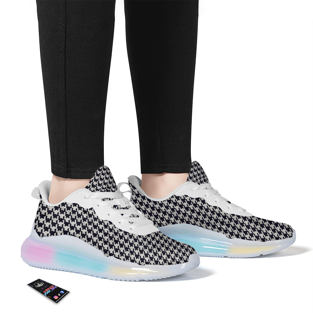 Houndstooth Black Pixel Print Pattern Running Sneakers-grizzshop